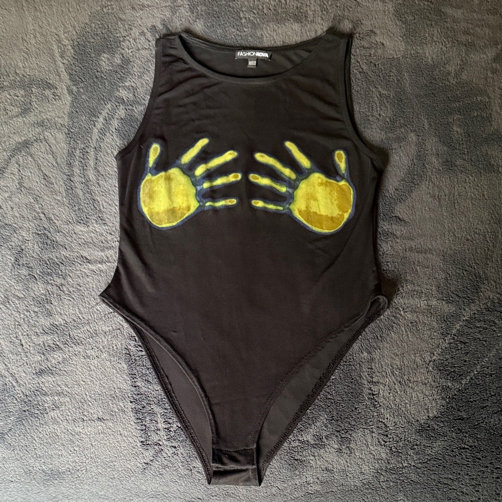 Black Mesh Bodysuit with Yellow Handprint